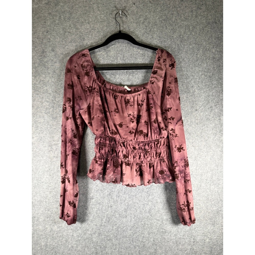 Lazy Sundays‎  Women L Square Neck Floral Print Long Sleeve Top Boho Embossed